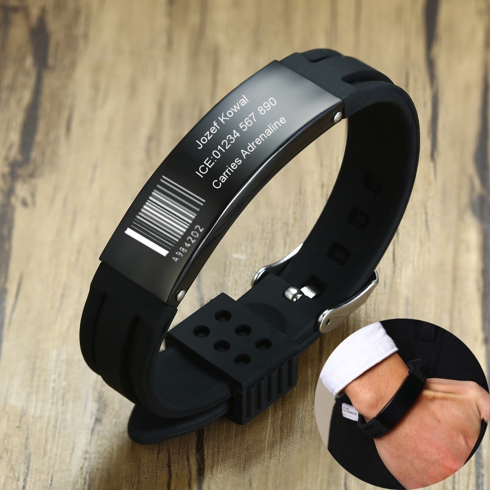 Silicone Band Replacement - ส่วนบุคคลสร้อยข้อมือซิลิโคนสีดำนาฬิกาสายคล้องคอนาฬิกาข้อมือID Elite 16มม.สแตนเลสสตีลIDแท็กEngravableกำไลข้อมือ
